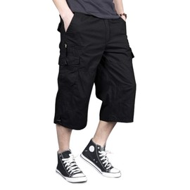 MAGNIVIT Mens Capri Long Twill Elastic Cargo Shorts Below Knee 3/4 Cargo Shorts Cotton Relaxed Fit Casual Multi-Pocket Black 40