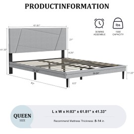 IOILORI Queen Size Bed Frame, Queen Platform Bed Frame with Fabric Upholstered Headboard, Geometric Pattern, Sturdy Frame and Slats, Noiseless, No Springs Required, Easy to Assemble
