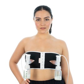 Hands Free Pumping Bra | Snugabell PumpEase adjustable and comfortable pumping bra made with spandex technical fabric, supports two breast pumping bottles & flanges | Black & White Size S
