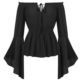 SCARLET DARKNESS Womens Renaissance Peasant Blouse Off Shoulder Renaissance Pirate Blouse Steampunk Shirt Black M