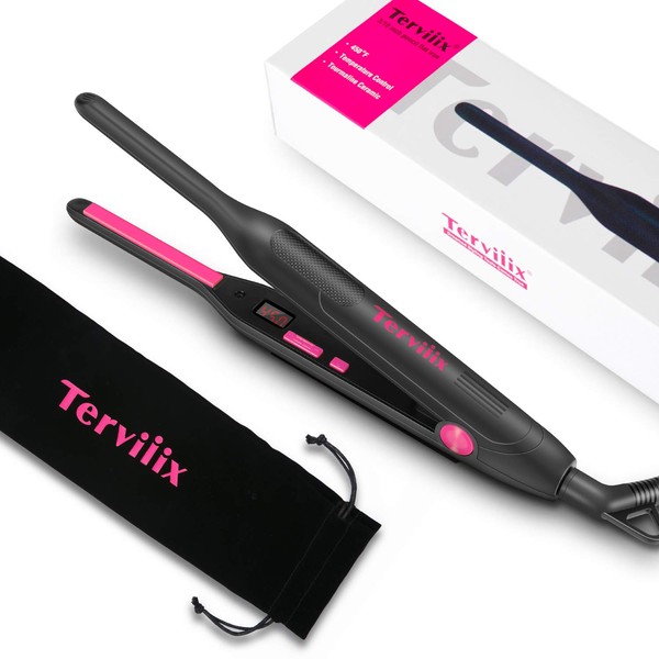 Terviiix Pencil Flat Iron, Small Flat Irons for Short Hair, Beard and Pixie Cut, 3/10 Inch Ceramic Tourmaline Mini Hair Straightener Dual Voltage with Adjustable Temperature, Auto Shut Off
