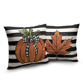 Wnoesat Fall Outdoor Pillow Covers 18x18 Set of 2 Pumpkin Maple Leaves Stripes Decorative Throw Pillows Autumn Thanksgiving Harvest Farmhouse Pillow Cases for Sofa Couch Bed Decor