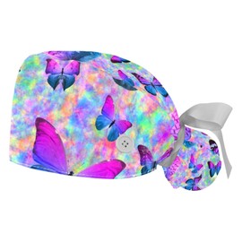 2 Pack Surgical Cap with Button Sweatband, Colorful Butterfly Working Cap Ponytail Holder for Women Long Hair