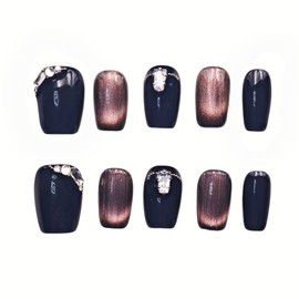 farfarflame Handmade Nail Tip, Short, False Nails, Diamond, Glossy, Cute, Just Paste On, Party, Pack of 10 (Dream Black, S)