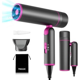 7MAGIC Foldable Hair Dryer, Powerful Ionic Blow Dryer for Fast Drying, Travel Hair Blow Dryer with Storage Bag, Lightweight Portable Hairdryer for Women, Cold/2 Heating/2 Speed Settings - Color: Black