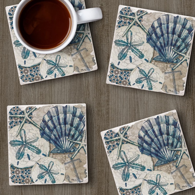 Thirstystone Tide Pool Shells 4-Pack Tumbled Tile Stone Coasters with