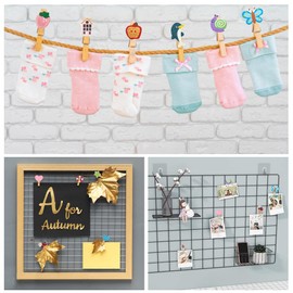 Wooden Photo Pegs, Cute Cartoon Pattern Picture Holder Small Peg With Jute Twine For DIY Photo Display(40 pcs)