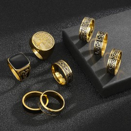 EIELO 8Pcs Stainless Steel Vintage Rings for Men Greek Signet Thumb Silver Gold Retro Carving Celtic Vintage Biker Band Rings Set Edge Mens Ring Set Size10