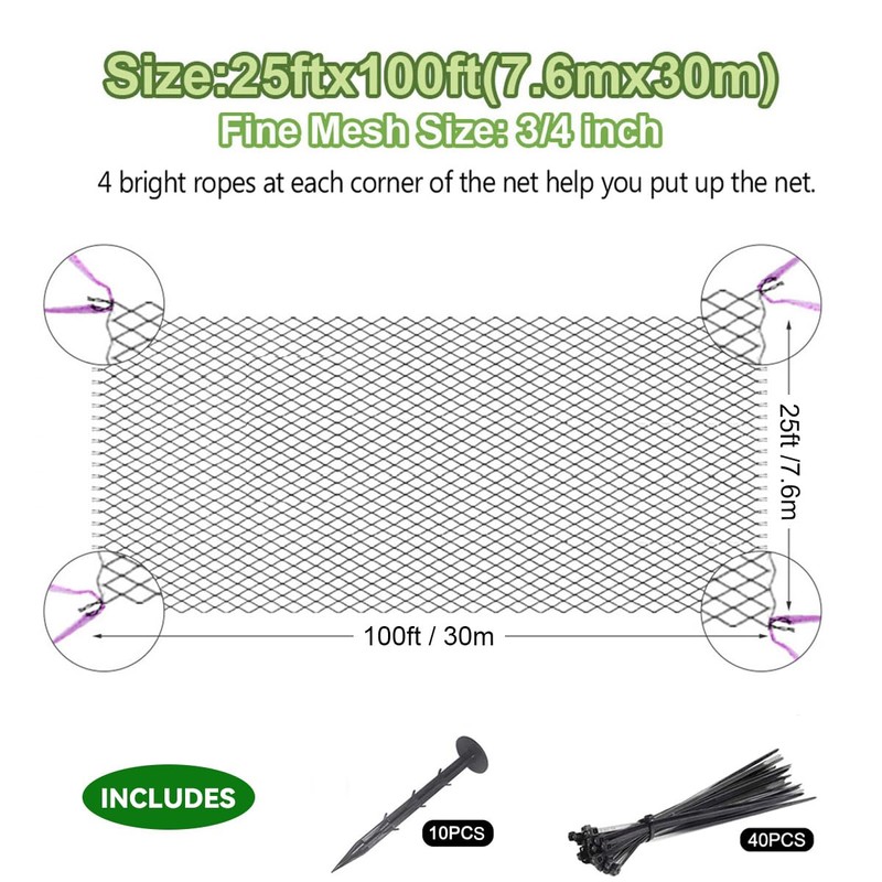 OGORI 25' x 100' Bird Netting Heavy Duty Nylon 3/4"