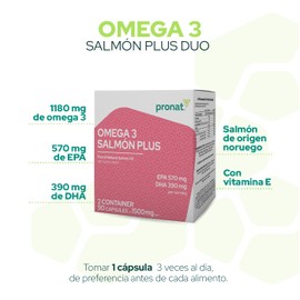 PRONAT | DUO Omega 3 Salmón Plus, Suplemento Alimenticio, 180 Cápsulas con 570 mg de EPA, 390 mg de DHA y Vitamina E