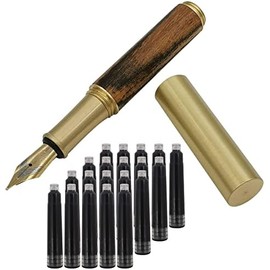 Pluma estilográfica de madera de latón hecha a mano, tamaño pequeño, 85 mm, con 20 cartuchos de tinta negra, rayas negras marrones