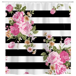 hipaopao Floral Stripe Shower Curtain Pink Flower Fabric Shower Curtain Sets Bathroom Decor with Hooks Waterproof Washable 72 x 72 inches Black White Green