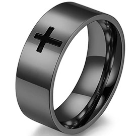8mm Stainless Steel Classical Simple Plain Christian Cross Religious Wedding Band Ring (Black, 8)