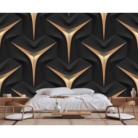 Wmjurel Golden Stripe 3D Geometric Black Background Wallpaper, Large Wall Background Mural, for Various Occasions Background Decoration(Non-self-Adhesive)