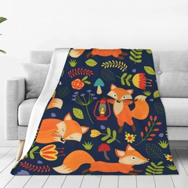 Dark Cartoon Fox Blanket Purple Fauna Floral Forest Mushroom Fox Tail Gifts Blanket for Women Girls Super Soft Flannal Blanket for Bedding Couch Sofa Decor Christmas Birthday Gifts 60X50 Inch