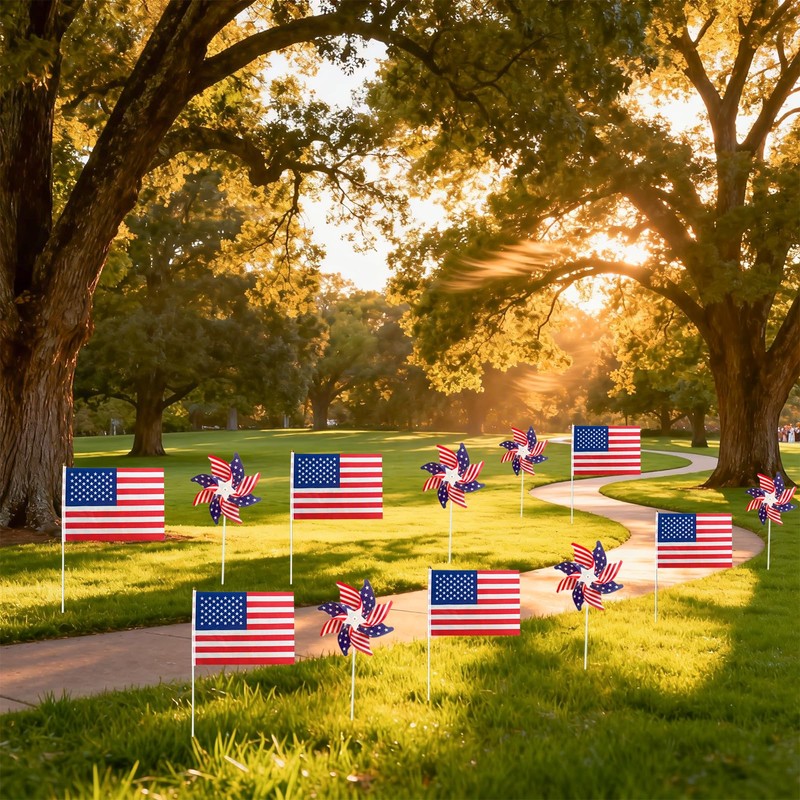 SerpizePaty 24Pcs Patriotic Pinwheels Small American Flags on Stick Kit