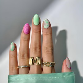 24Pcs Fake Nails Short Press On Nails Green Almond Glue On Nail Pink White Gradient Nails Press Ons Stick On Nail Reusable DIY False Nails for Women and Girls