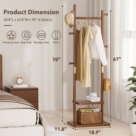 Freestanding Coat Rack, Solid Wood Coat Tree Stand with Double Shelves & 5 Hooks, Heavy Duty Entryway Coat Rack for Hanging Clothes, Hats, Bags (Modern Design，Walnut Brown)