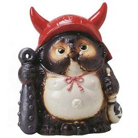 Shigaraki Pottery 9.65 Inches i Height Raccoon Dog Fuku(Fortune) Tanuki with Red Kabuto(Samurai Warrior Helmet)