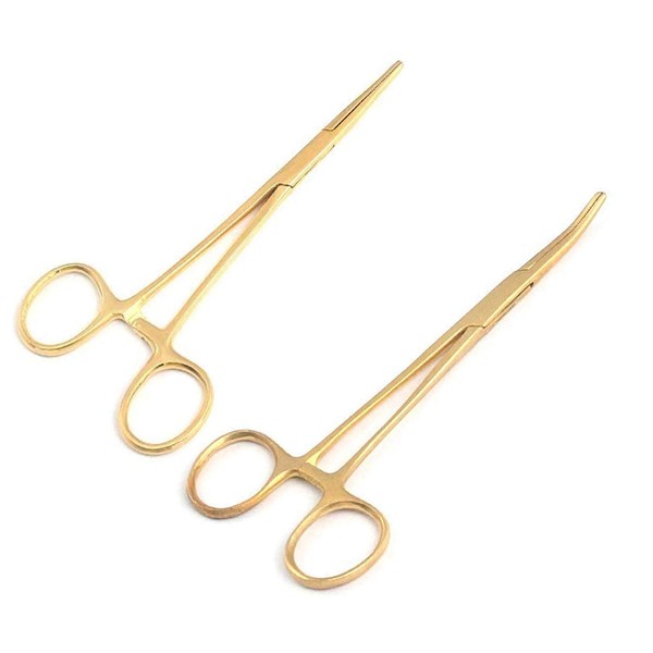 OdontoMed2011® 2 Hemostat Forceps 5.5" Straight + Curved Body Jewelry Piercing Tool Full Gold Plated ODM