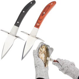 Oyster Shucker Set - 2 Oysters Shucking Knives with Comfort Wood handle and One Pair of Level 5 Cut Resistant Gloves, Seafood Opener Kit Tools for Clam, Shellfish, Crab, Scallop, Protect Your Hand