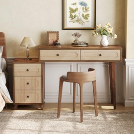 LITTLE TREE 39-Inch Writing Desk with 5 Drawers & Retractable Cabinet, Compact Home Office Desk with Printer Stand, Vanity Table with Storage, Interchangeable Left and Right, for Small Spaces, Brown