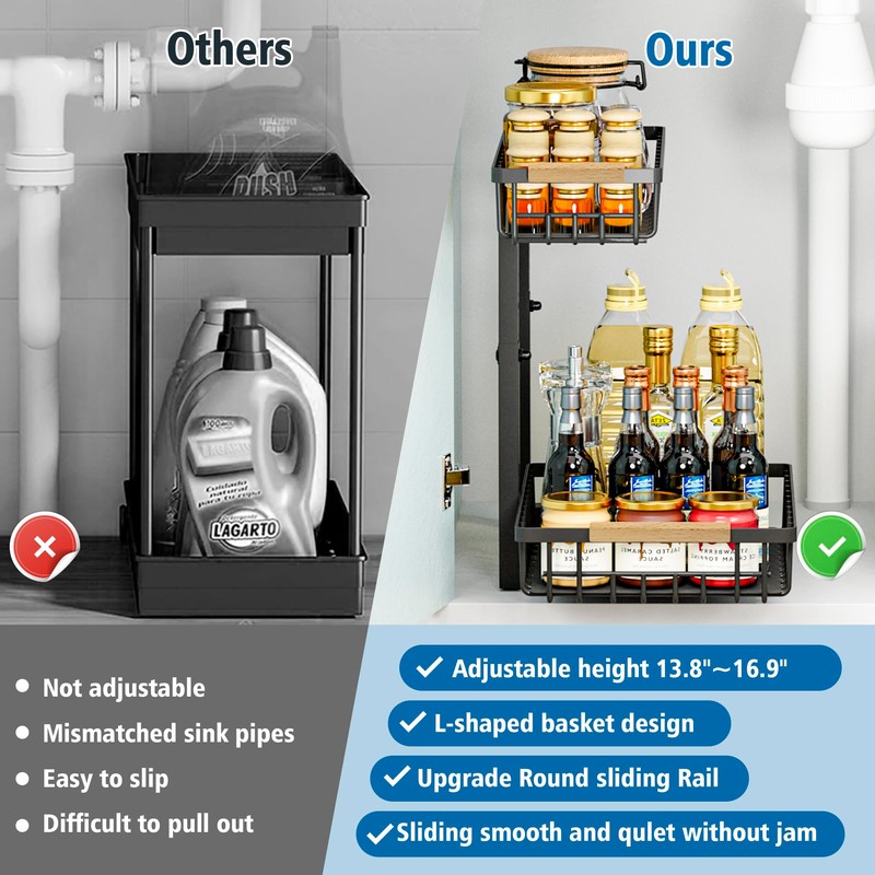 BXINREDA Under Sink Organizers and Storage, 2 Tier Slide Out