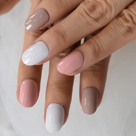 iMABC French Tip Press On Nails Short Round Full Cover False Fake Nails With Adhesive Sticker For School Office Home Pink White Khaki