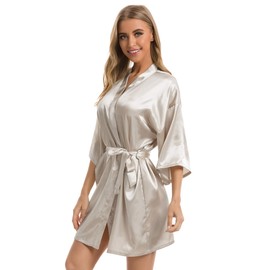 Vlazom Women's Kimono Robes Dressing Gown Satin Bathrobe Nightdress Short Style Bridal Robe with Oblique V-Neck Champagne,XL