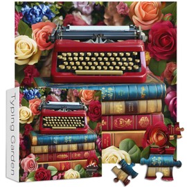 Vintage Flower Books Puzzle 1000 Pieces, PICKFORU Retro Wildflower Garden Jigsaw Puzzle Typewriter Rose, Challenging Spring Nature Plant Theme for Book Lovers