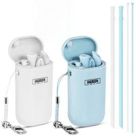 Higreen Reusable Silicone Collapsible Straws (2020 Upgrades,Extra Long)- 2 Pack Portable Drinking Straw with Carrying Case and Cleaning Brush, 100% BPA Free (Blue&White-case)