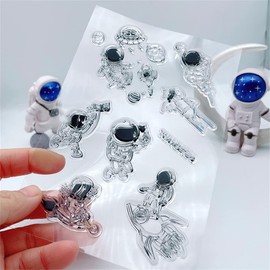 Space Astronaut Rocket Clear Stamps Silicone Stamp Cards with Sentiments, Satellite Star Pattern Transparent Seal Stamps for Holiday Card Making Decoration and DIY Scrapbooking Album DIY Crafts
