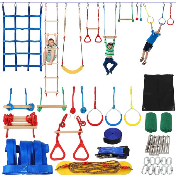 65FT Ninja Warrior Obstacle Course for Kids with 12 Obstacle Course Accessories-Swings, Monkey Bars, Arm Trainers and More, Suitable for Boys and Girls Over 3 Years Old-440 lbs Weight Capacit