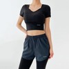 Women's Detachable Pad Crop Short-Sleeve Top & Waistband Back Pocket Side-Slit Leggings Two-Piece Set Top (Black) L - Bottom (Grey) S