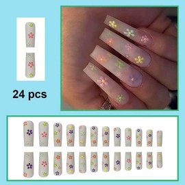 Magrace Long Square Press on Nails Fake Nails French Tips False Nails with Designs Rhinestone 24 pcs Stick on Nails for Women