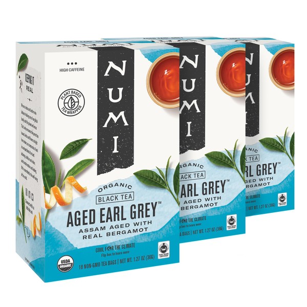 Numi Organic Aged Earl Grey Tea, 18 Tea Bags (Pack of 3) Black Tea With Bergamot Orange, Caffeinated (Packaging May Vary)