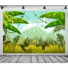 CORFOTO Jungle Safari Backdrop 8x6ft Fabric Wild Animals Mountains Green Forest Photography Background for Safari Themed Birthday Party Decorations Zoo Party Banner Kids Baby Shower Photo Booth Props