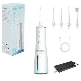Versalinex Tragbare Munddusche 300 ml, Munddusche, wiederaufladbar, USB Typ-C, wasserdicht IPX7, 4 Modi/DIY, 4 Mundstücke, Munddusche für eine tiefe Reinigung, geeignet für Zahnspangen (weiß)