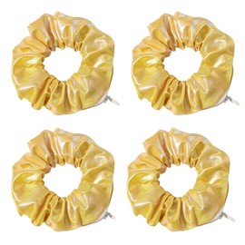 Otyou 4 Pack PU Leather or Cloth Pocket Scrunchies with Zipper Stash Scrunchy Hair Ties Hide Jewelry Keys Purse Hair Scrunchies for Girls Cheer Scrunchy Bobbles Elastic Hair Bands Ties Hair Accessories Metallic Wrist Band Party Festivals Cosplay Show for Women Girls (Gold PU Leather)