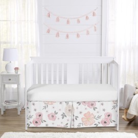 Sweet Jojo Designs Baby Crib Skirt (Pink/Grey Boho Floral) for Girls, Infants/Nursery Bed Dust Ruffle Bedskirt Straight Flat (Watercolor, Flower, Elegant Rose, Farmhouse, Shabby Chic, Nature, Blush)