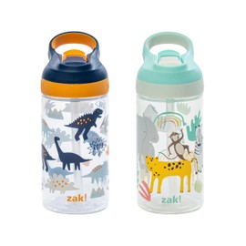 Zak Designs Atlantic Kids Water Bottle For School or Travel, 16oz Durable Plastic Water Bottle With Straw, Handle, and Leak-Proof, Pop-Up Spout Cover, 2-Pack (Zaksaurus and Safari)