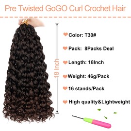 Mscat 18 Inch 8 Packs Gogo Curl Crochet Hair Ombre Brown Pre Looped Ocean Wave Crochet Hair Short Deep Twist Curly Bohemian Crochet Box Braids Synthetic Water Wave Braiding Hair (8 Packs, T30#)