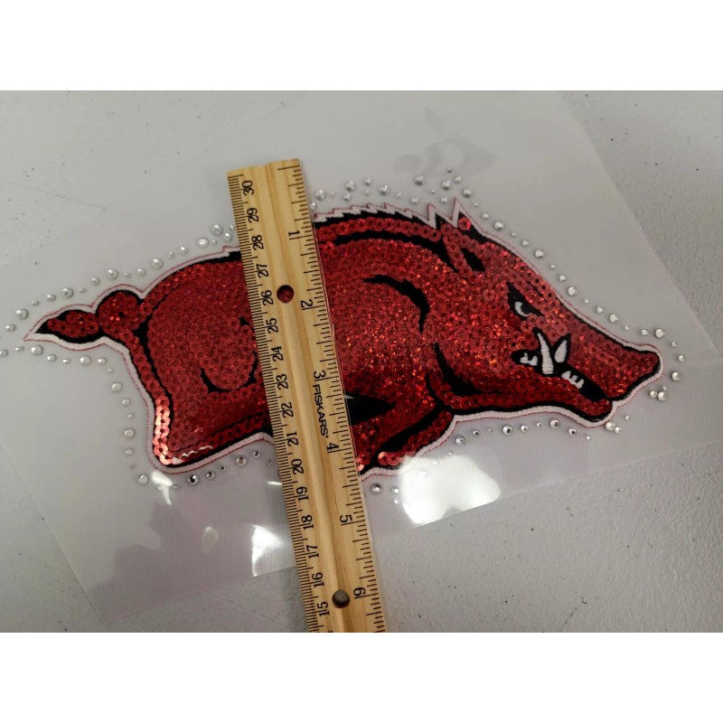 Embroidered Sequin Rhinestone Patch Razorbacks Arkansas Iron On Hotfix Red