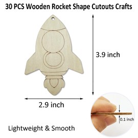 30 Pcs 4Inch Unfinished Rocket Wood DIY Crafts Cutouts Wooden Rocket Shaped Hanging Ornaments with Hole Hemp Ropes Gift Tags for Home Birthday Decoration Craft Project