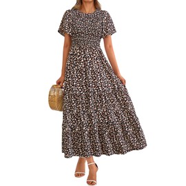 PRETTYGARDEN Flutter Sleeve Floral Spring Dresses for Women 2025 Casual Crewneck Smocked Top Flowy Tiered Maxi Dress (Black Leopard, X-Large)