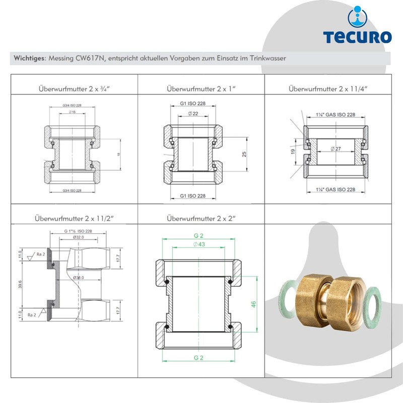 tecuro Screw connection thread fitting 3/4 x 3/4 inch (DN15),