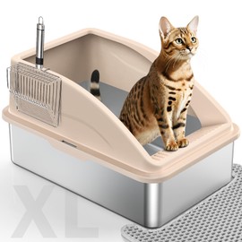 Stainless Steel Cat Litter Box, Extra Large for Big Cats, Anti-Urine Leakage with High Sides, Metal Litter Box with Lid, Easy Clean, Non-Sticky, Includes Cat Mat & Metal Scoop