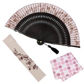 Osaka Choseido Fan, Women's, Stylish, Business, Folding Fan Bag, Handkerchief Included, Set Romanesque, Pink