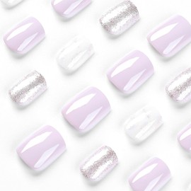 24pcs Glitter Pink Short False Nails - Stick on & Removable w/Marble & White Press Ons. Acrylic Full Cover Fake Nails - Women Nail Art Accessories
