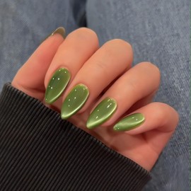 Light Green Cat Eye False Nails, SXVME Glitter Press on Nails Medium Almond, Sparkly Shiny Fake Nails Natural, Cute Bling Full Cover Acrylic Nails for Women Daily Wear, 30 Pcs